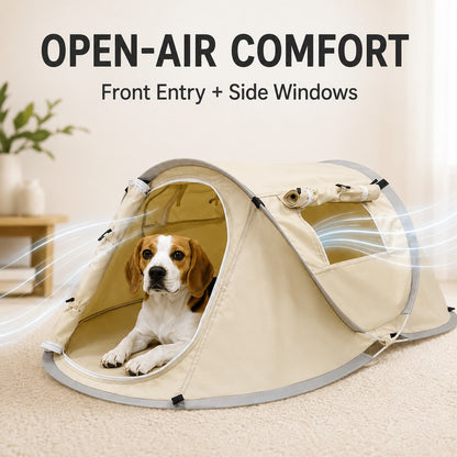 Open-air comfort pet tent with front entry and side windows