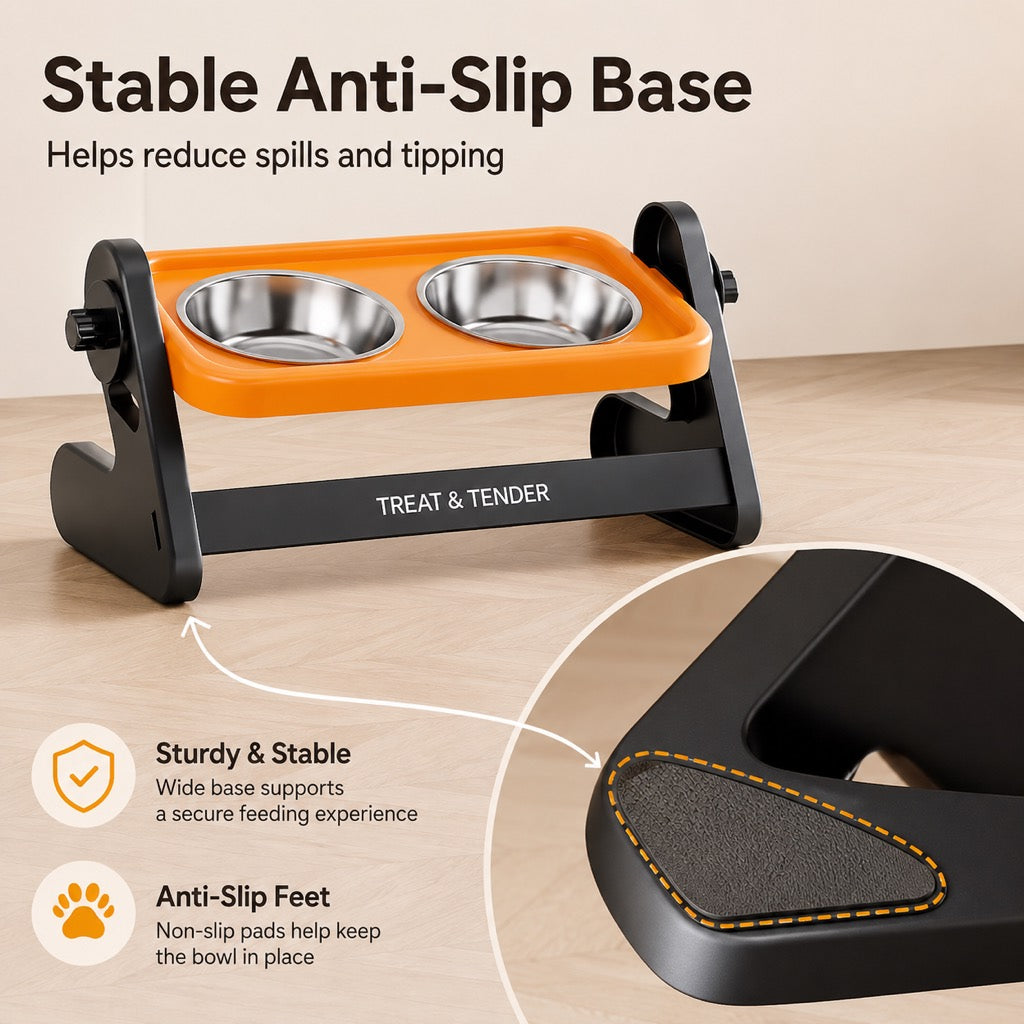 Orange adjustable elevated pet bowl for cats and small dogs