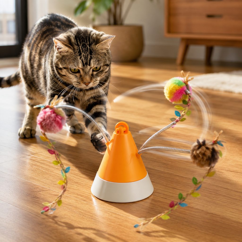 Orange MiaSpin rotating cat teaser toy