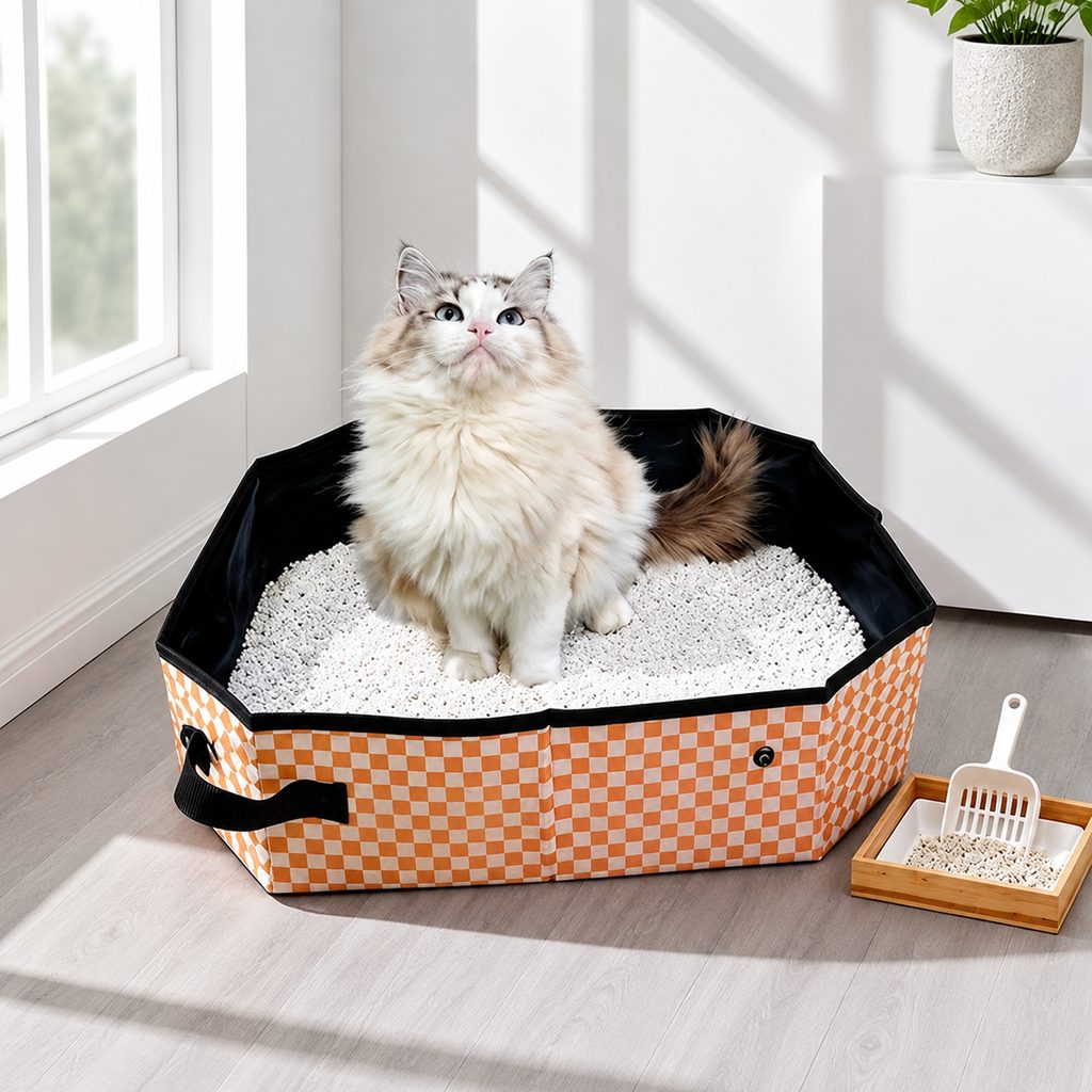 Orange plaid foldable cat litter box