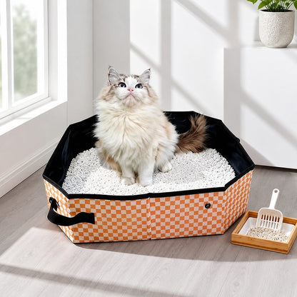 Orange plaid foldable cat litter box