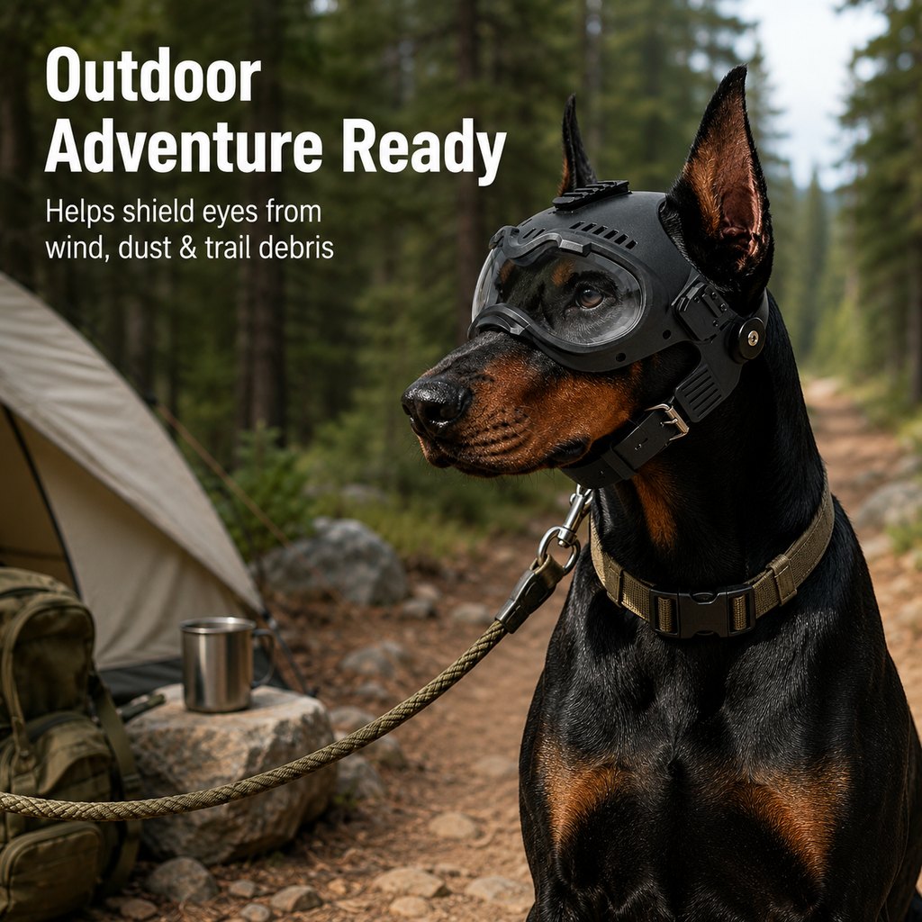 K9 tactical-style dog helmet with goggles for outdoor training