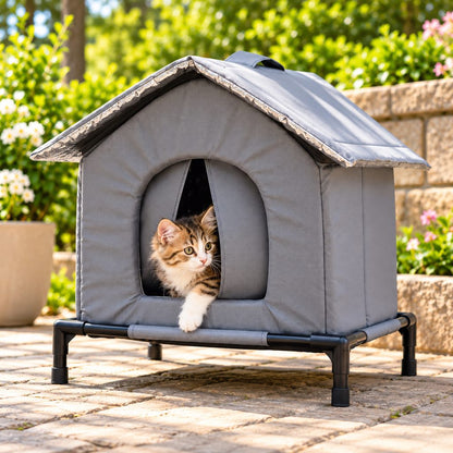 Gray outdoor insulated cat house with a raised base on a garden patio