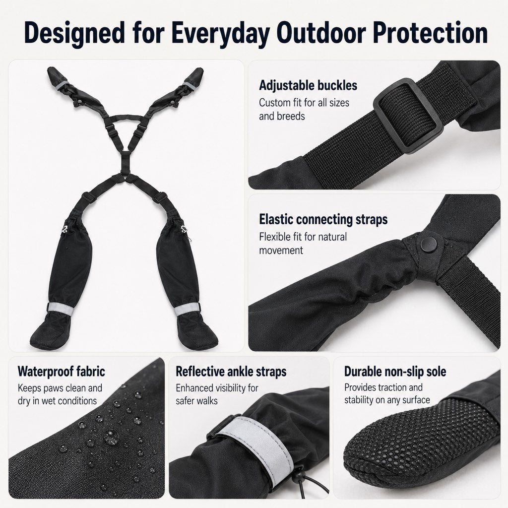 Paws in Awe Stay-On Outdoor Dog Boots with Leg Covers - Anti-Slip Reflective Paw Protection for Muddy Walks