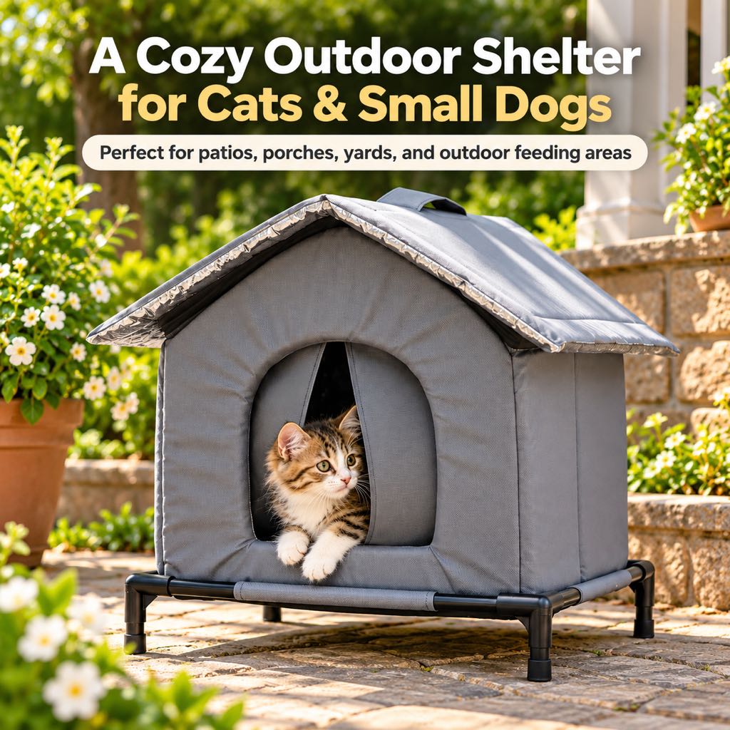 Gray insulated cat shelter on an outdoor patio