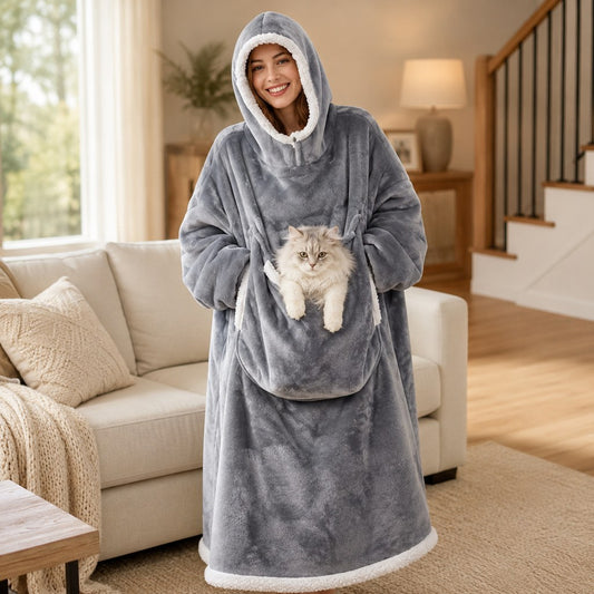 Oversized sherpa wearable blanket hoodie with pet pouch