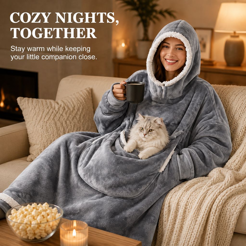 Gray wearable blanket hoodie with cat cuddle pouch