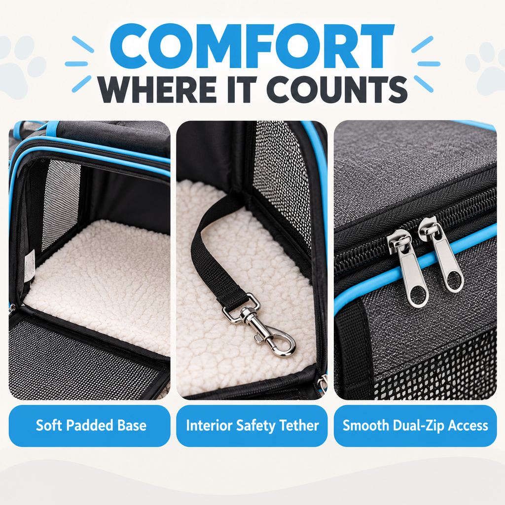Soft padded base, interior safety tether and dual zipper access