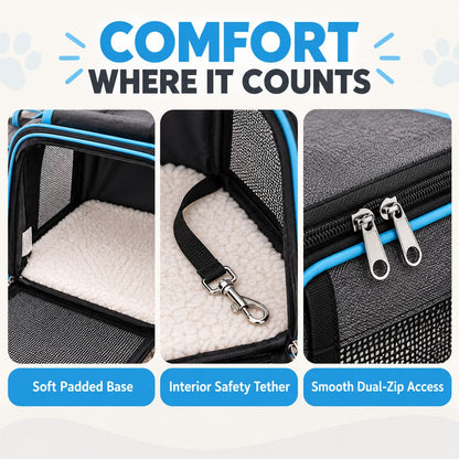 Soft padded base, interior safety tether and dual zipper access