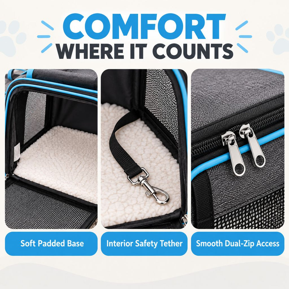 Soft padded base, interior safety tether and dual zipper access