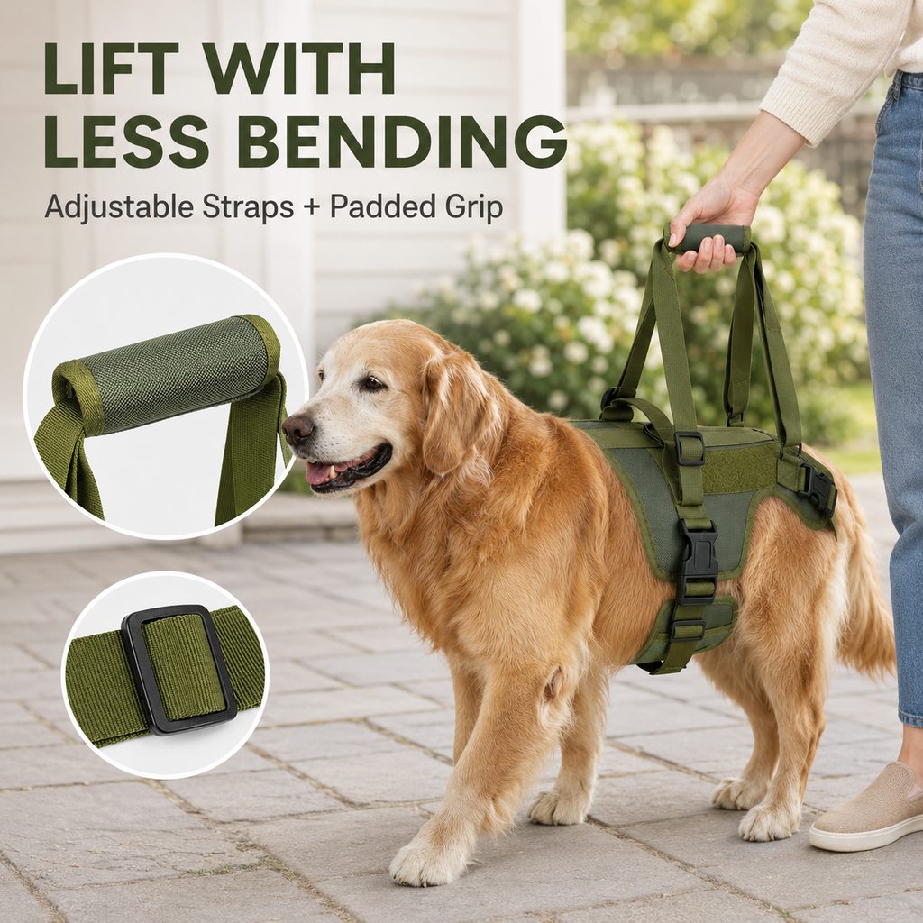 Padded grip and adjustable lift straps on dog support harness