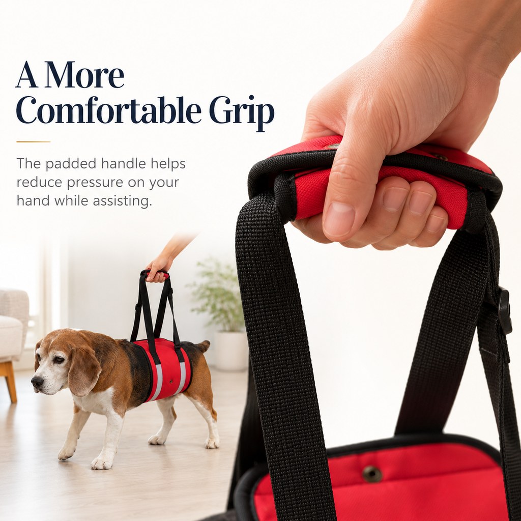 Padded grip handle on reflective dog lift support sling