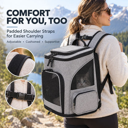 Padded shoulder straps on gray expandable pet carrier backpack