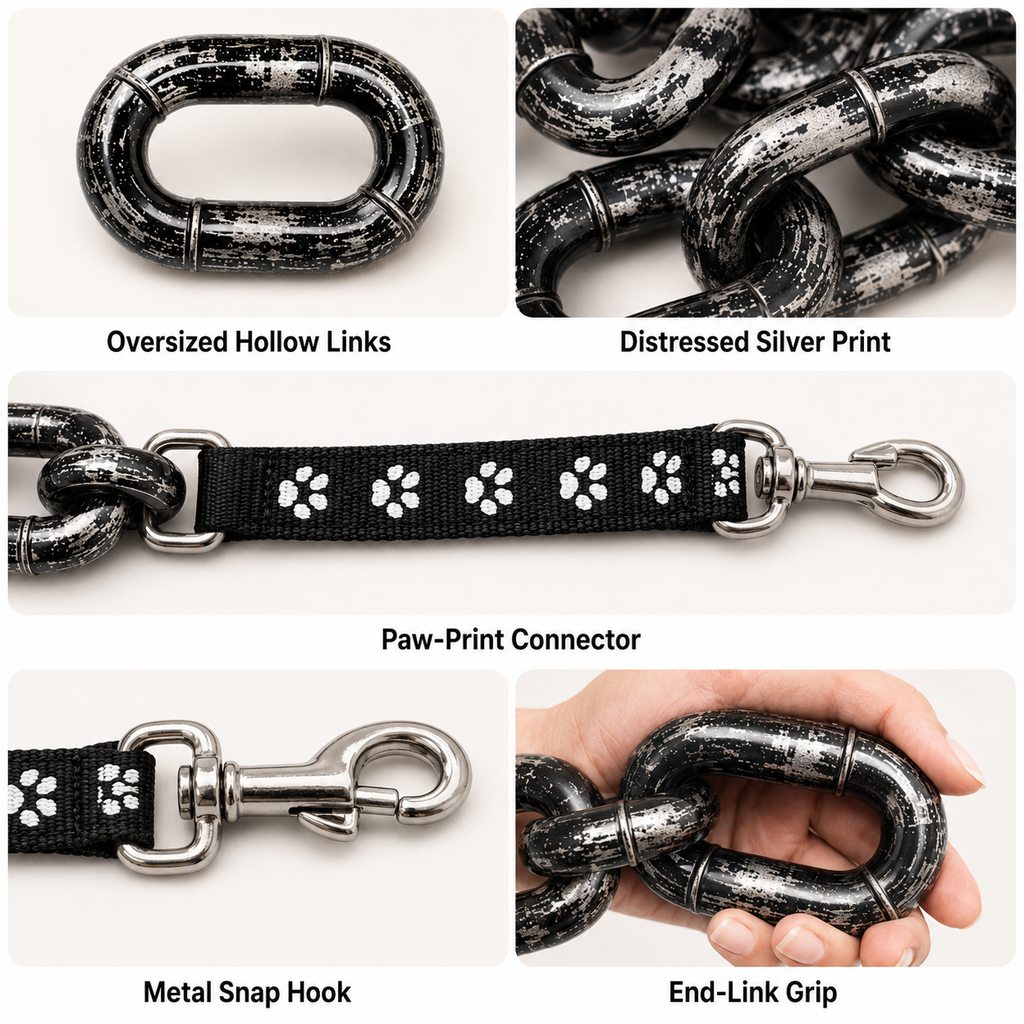 Paw-print collar and chain-look leash product details
