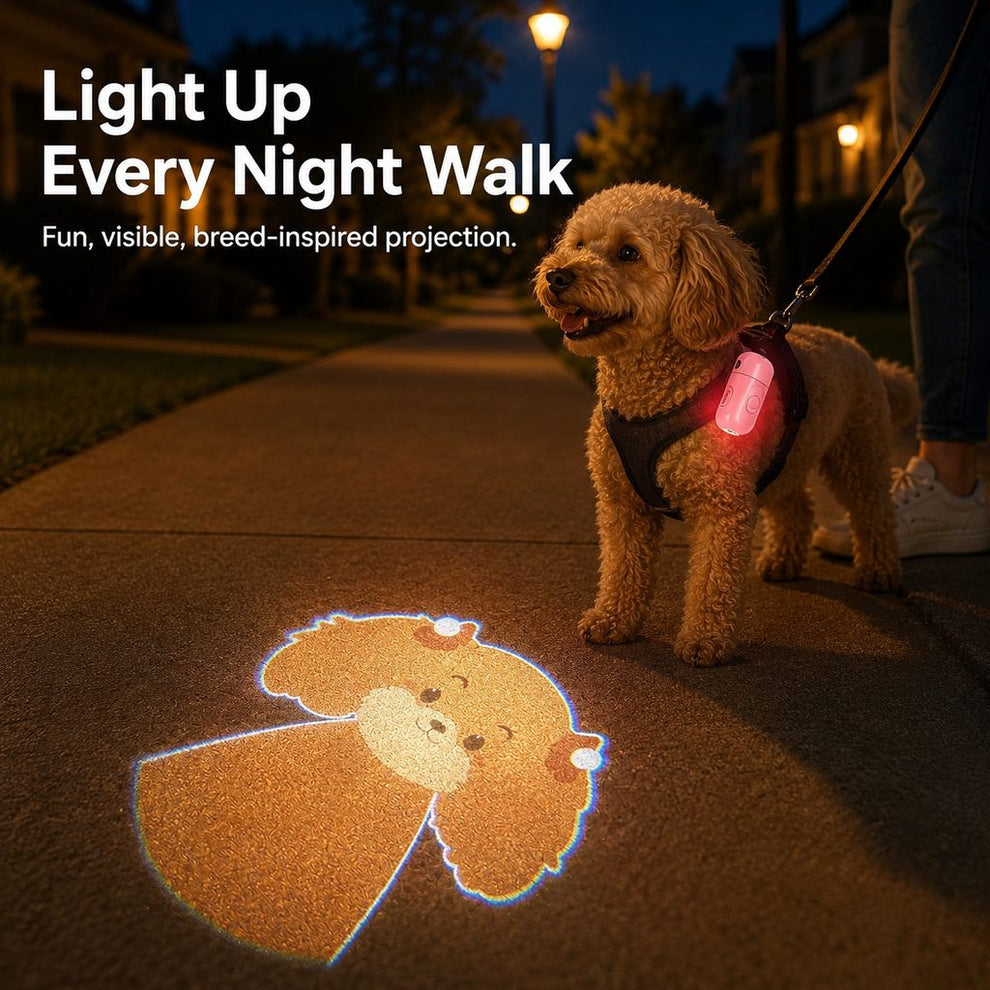 Paws in Awe PawGlow Pink Breed Projector Dog Light for Night Walks - USB Rechargeable Clip-On Pet Light for Extra Visibility & Fun image 2