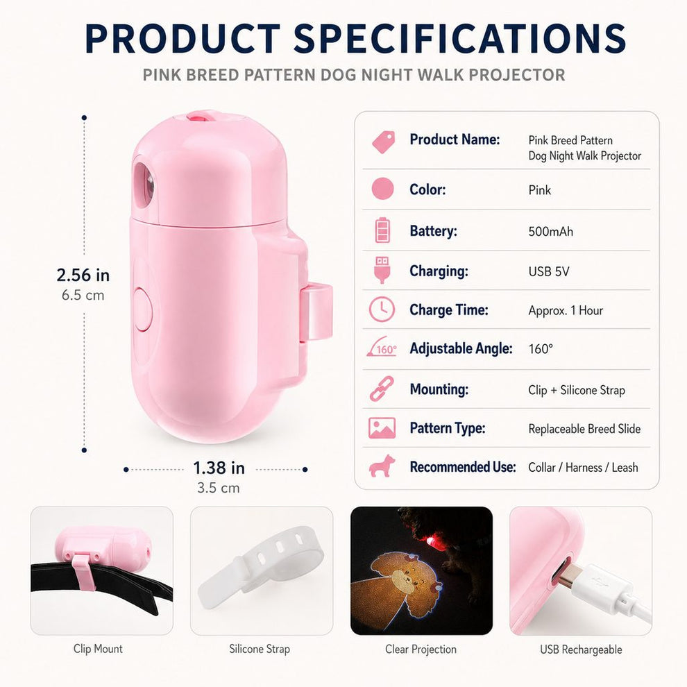 Paws in Awe PawGlow Pink Breed Projector Dog Light for Night Walks - USB Rechargeable Clip-On Pet Light for Extra Visibility & Fun image 10