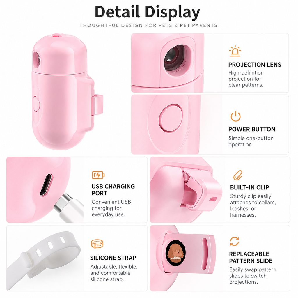 Paws in Awe PawGlow Pink Breed Projector Dog Light for Night Walks - USB Rechargeable Clip-On Pet Light for Extra Visibility & Fun image 9