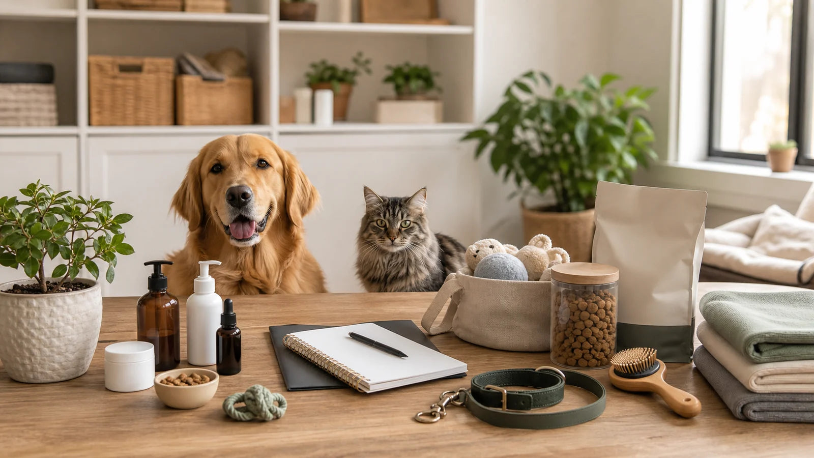 Dog and cat relaxing in a warm home with practical pet care products nearby