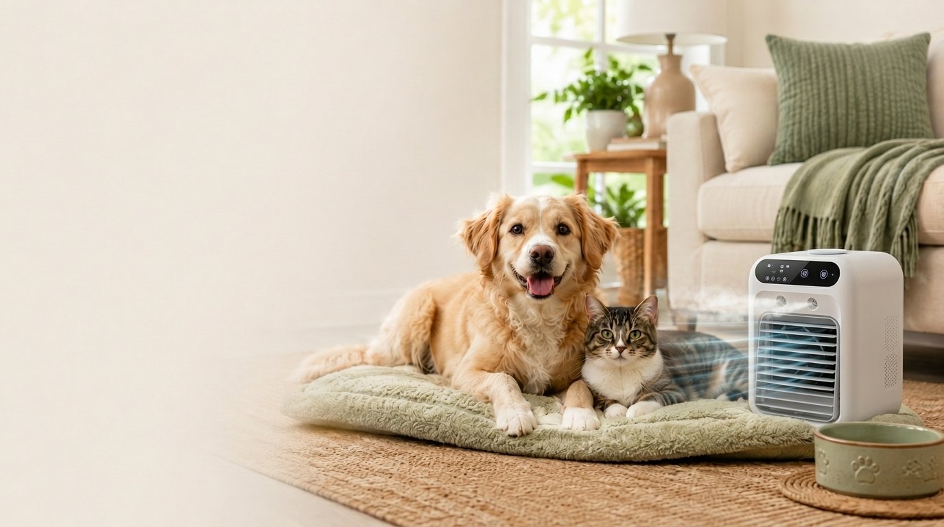 Paws in Awe cooling comfort banner with dog, cat, and compact air cooler