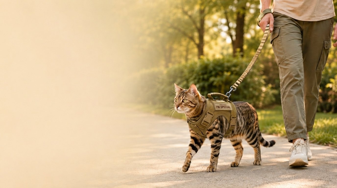 Paws in Awe outdoor cat harness banner with cat walking in a park