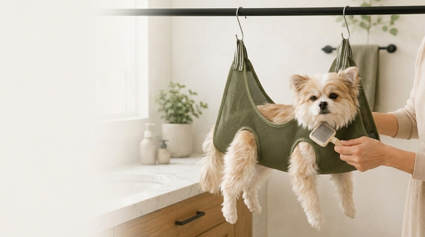 Paws in Awe grooming sling banner with calm small dog at home