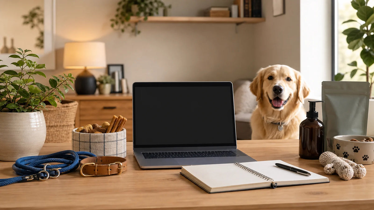 Founder workspace with pet product sketches and everyday pet care items