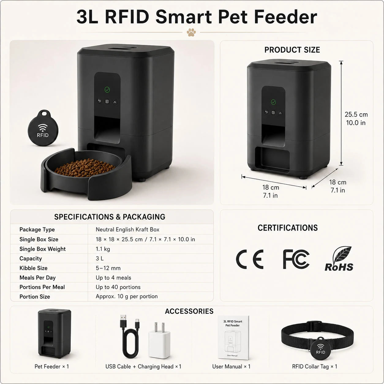 Paws in Awe RFID Smart Automatic Feeder with Collar Tag – 3L Timed Portion Control product image 12