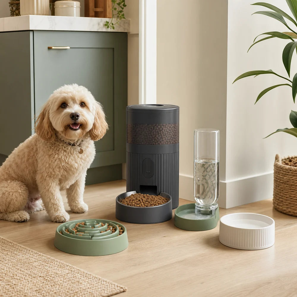 Practical pet care products arranged by feeding walking grooming and comfort routines