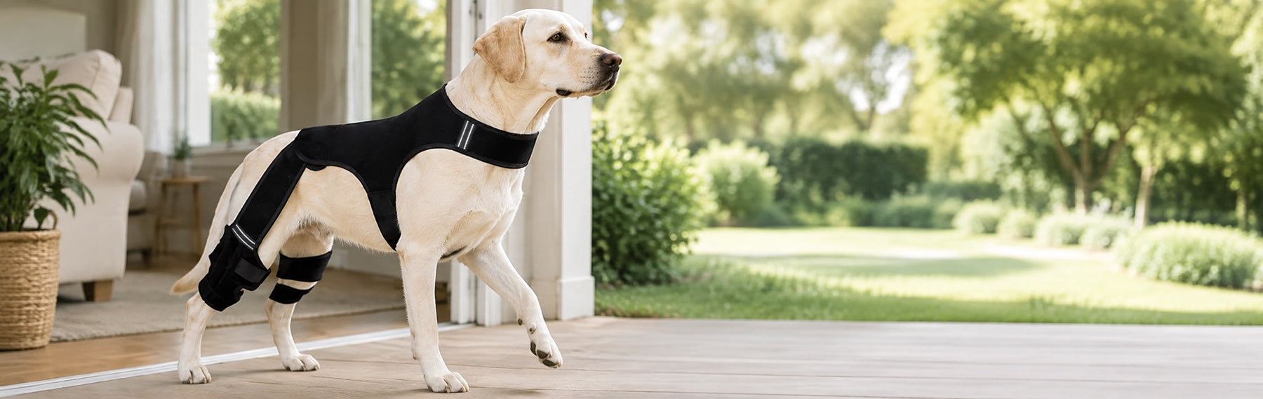 Senior Labrador walking in a rear leg support brace from indoors toward a garden