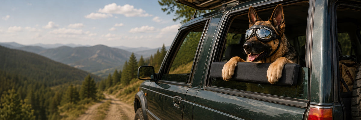 German Shepherd wearing retro aviator dog goggles in an SUV on a mountain road