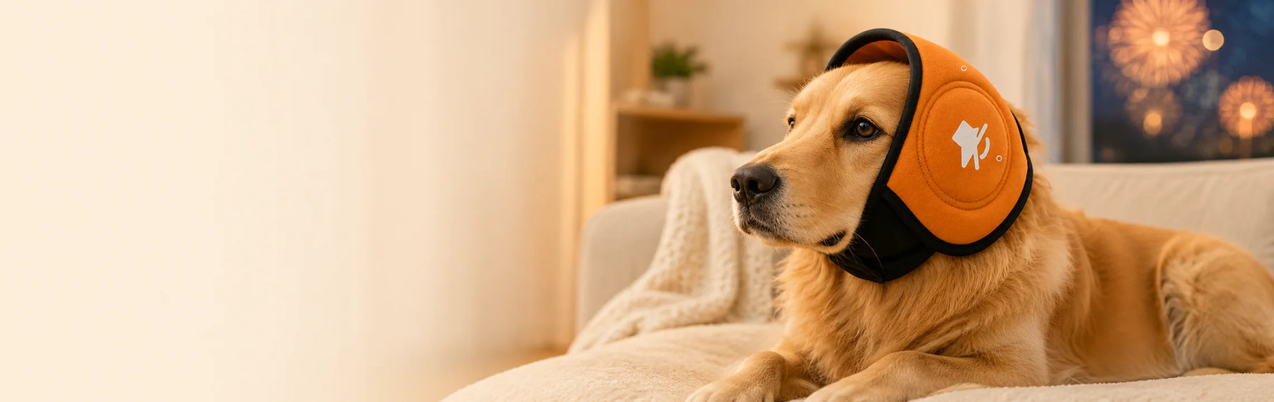 Golden retriever wearing orange calming ear muffs at home