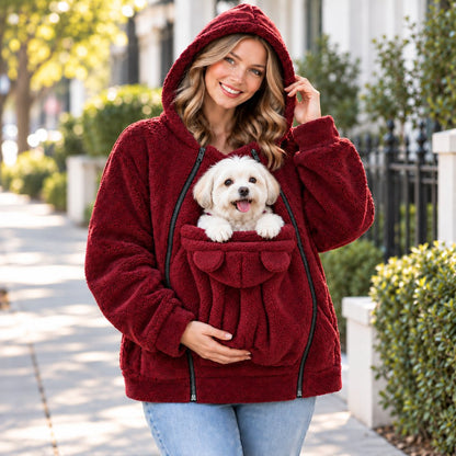burgundy fleece pet carrier hoodie with front pouch