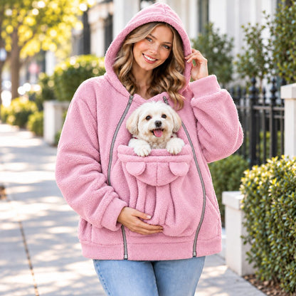 pink fleece pet carrier hoodie with front pouch