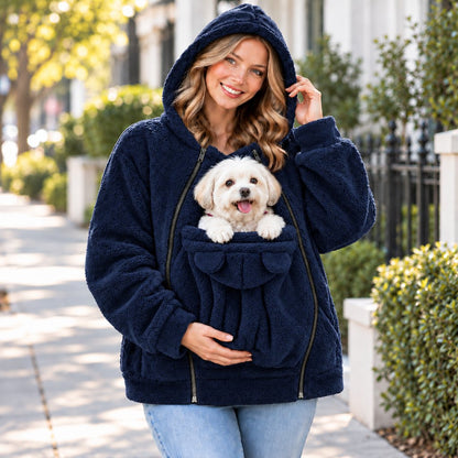 navy blue fleece pet carrier hoodie with front pouch