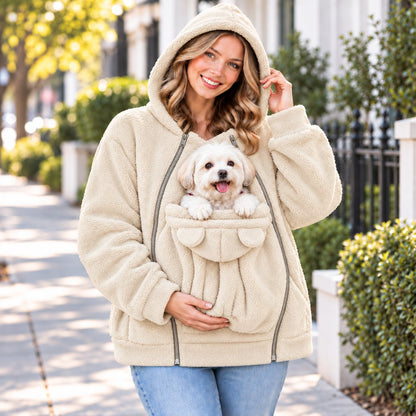 ivory fleece pet carrier hoodie with front pouch