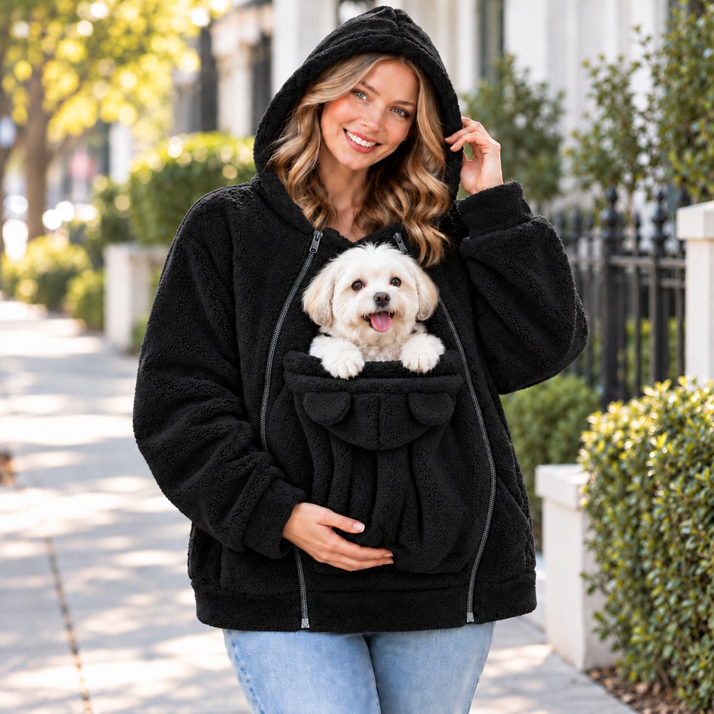 black fleece pet carrier hoodie with front pouch