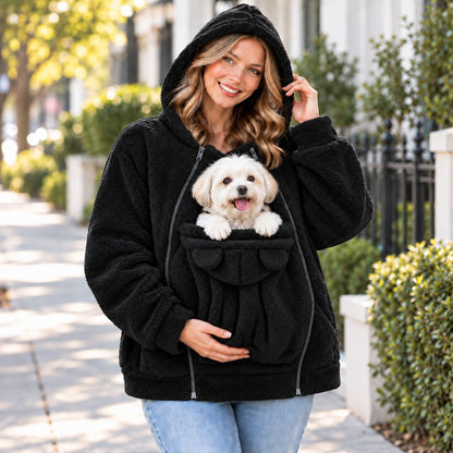 black fleece pet carrier hoodie with front pouch