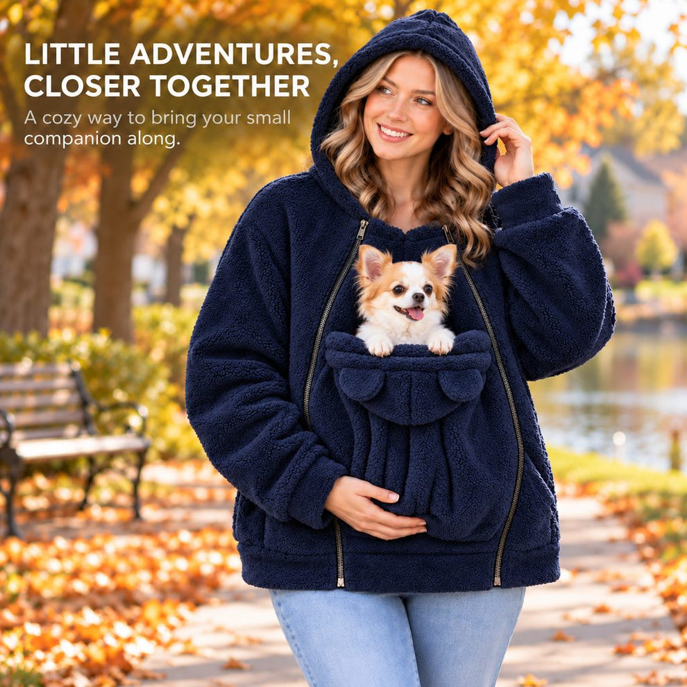 navy blue pet carrier hoodie for short supervised outings