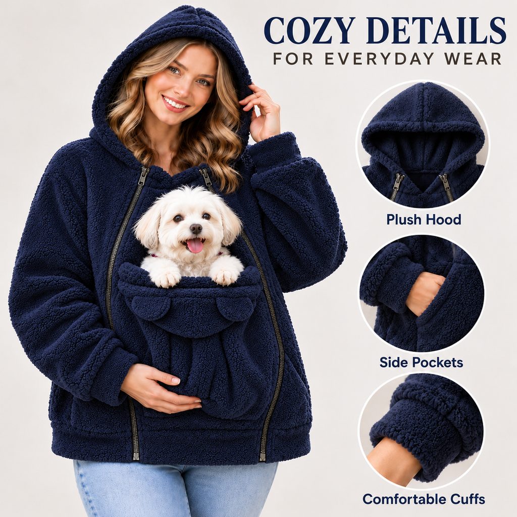 navy blue fleece pet carrier hoodie hood pockets and cuffs