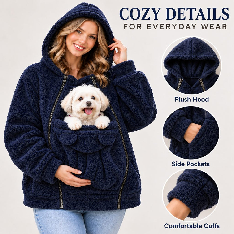 navy blue fleece pet carrier hoodie hood pockets and cuffs
