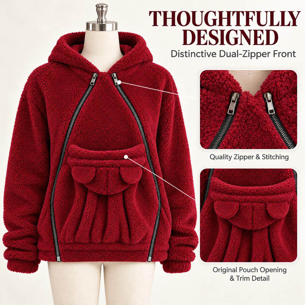 burgundy pet carrier hoodie dual zipper and pouch construction