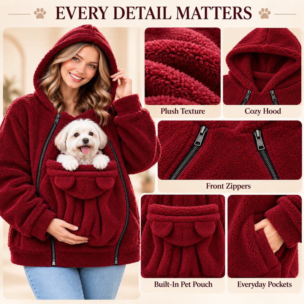 burgundy fleece pet carrier hoodie fabric zipper and pocket details