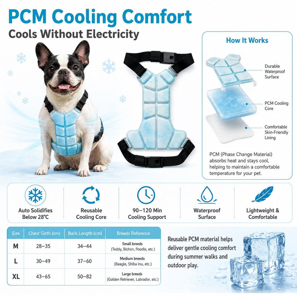 PCM pet cooling vest feature graphic showing reusable cooling core and no electricity design.