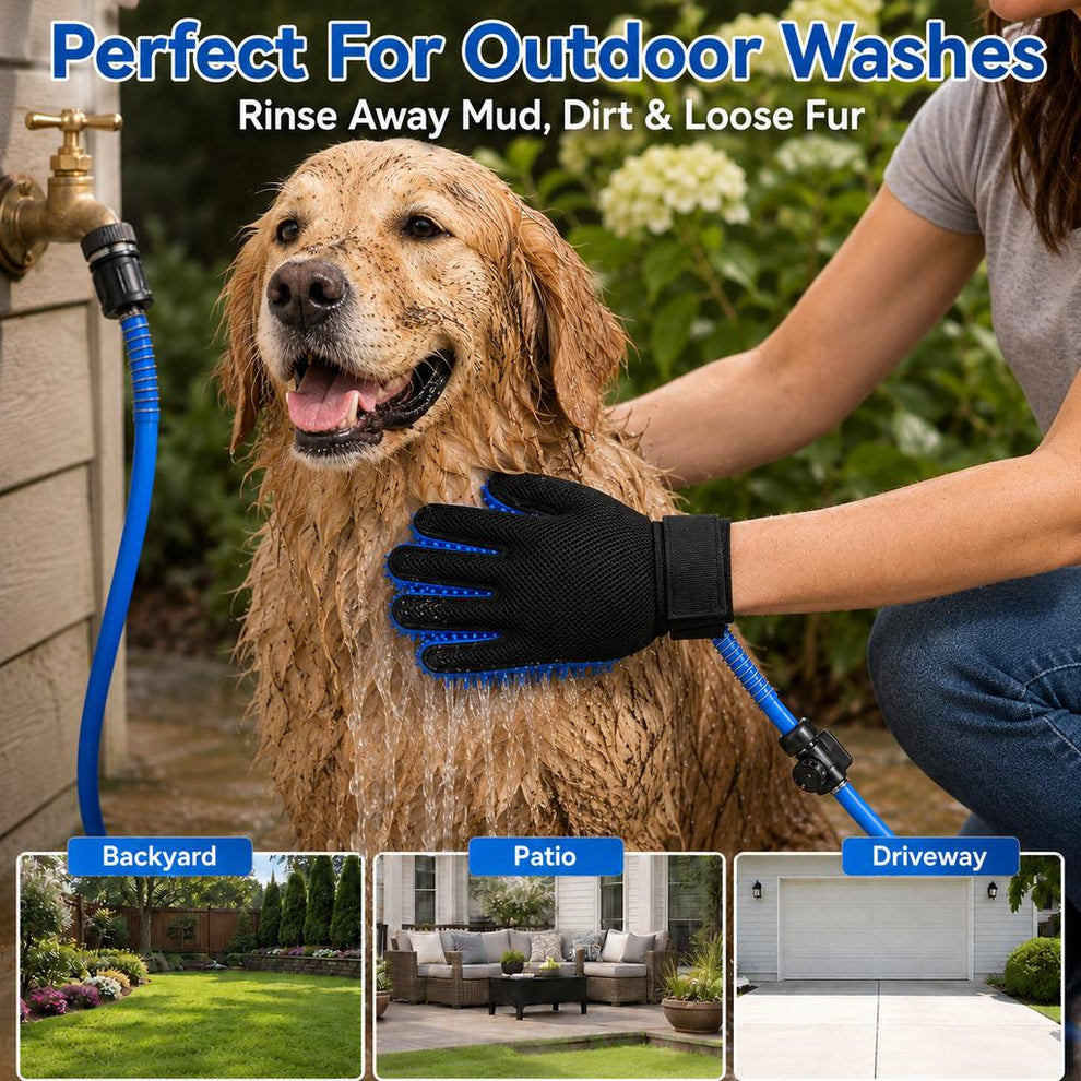 Paws in Awe Pet Bathing Glove with Hose for Bathtub & Backyard Washes - One-Hand Water Flow Grooming Glove image 2