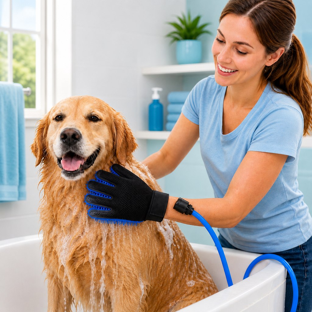 Paws in Awe Pet Bathing Glove with Hose for Bathtub & Backyard Washes - One-Hand Water Flow Grooming Glove image 1