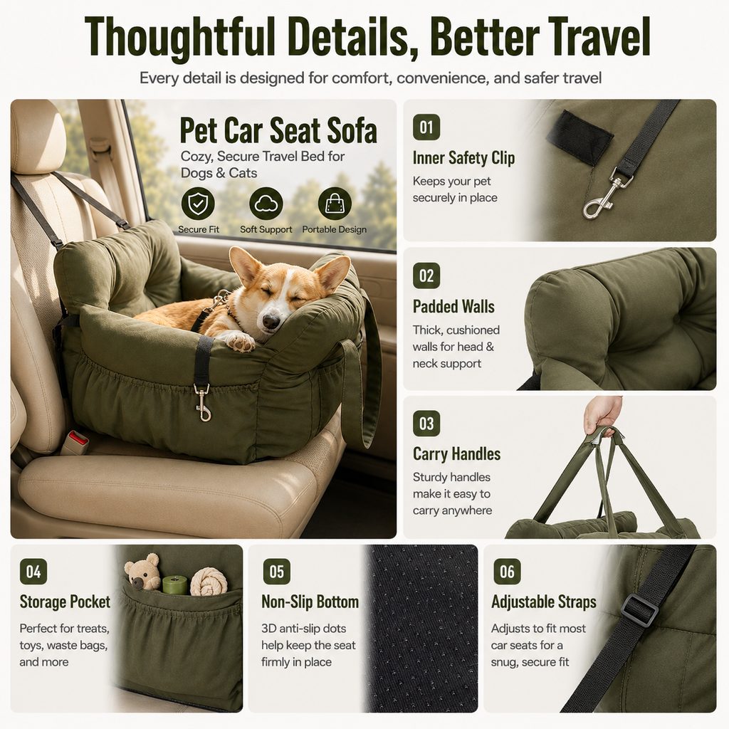 Paws in Awe Pet Car Seat Sofa for Road Trips - Cozy Travel Bed for Calmer, More Secure Rides image 7