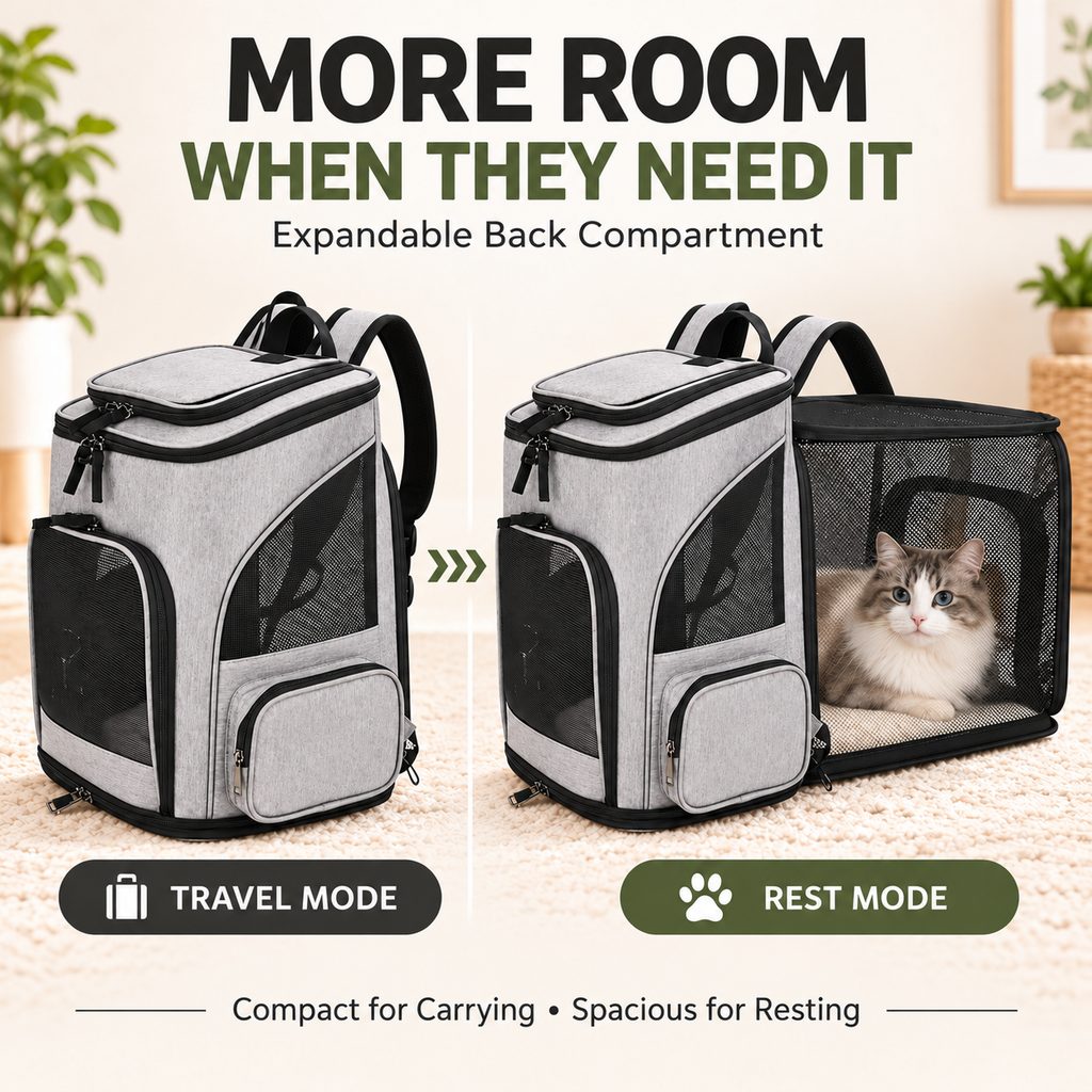 Expandable pet carrier backpack in compact travel mode and expanded rest mode