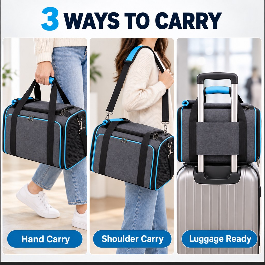 Expandable pet carrier with hand, shoulder and luggage carrying options