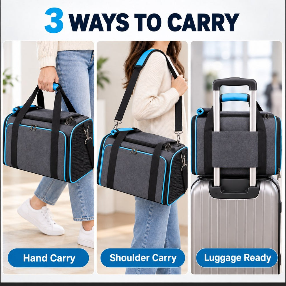 Expandable pet carrier with hand, shoulder and luggage carrying options