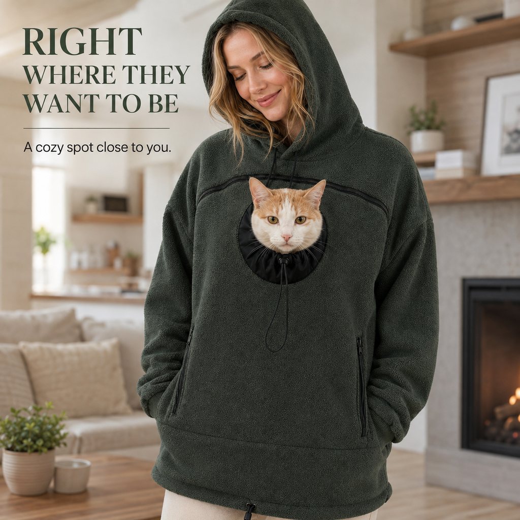 Cozy pet carrier hoodie lifestyle image